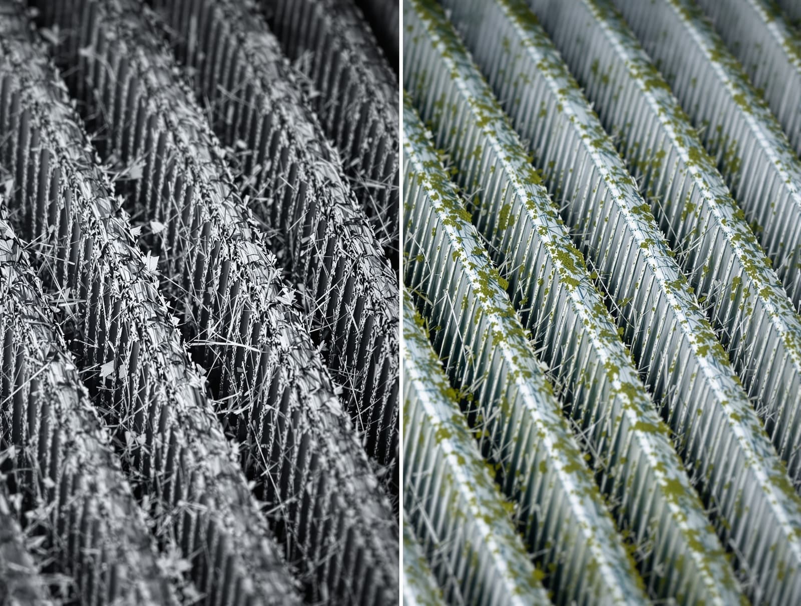 HVAC A-coil chemical-cleaned aluminum fins — after NADCA cleaning